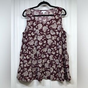 J Jill Love Linen Red White Floral Sleeveless Tank Top Tunic Shirt Size Large